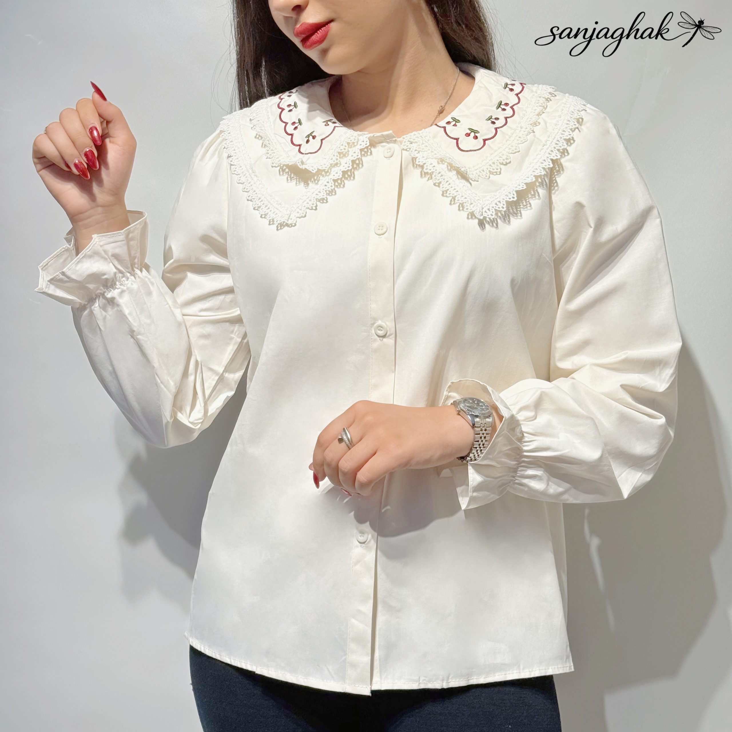 شومیز کتان یقه ب ب طرح گیلاس کد 106